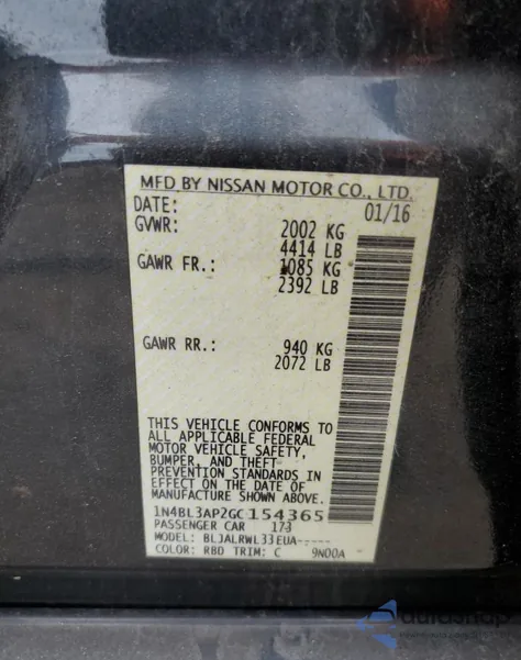 2016 Nissan Altima 3.5Sl из США, поврежденный, VIN 1N4BL3AP2GC154365